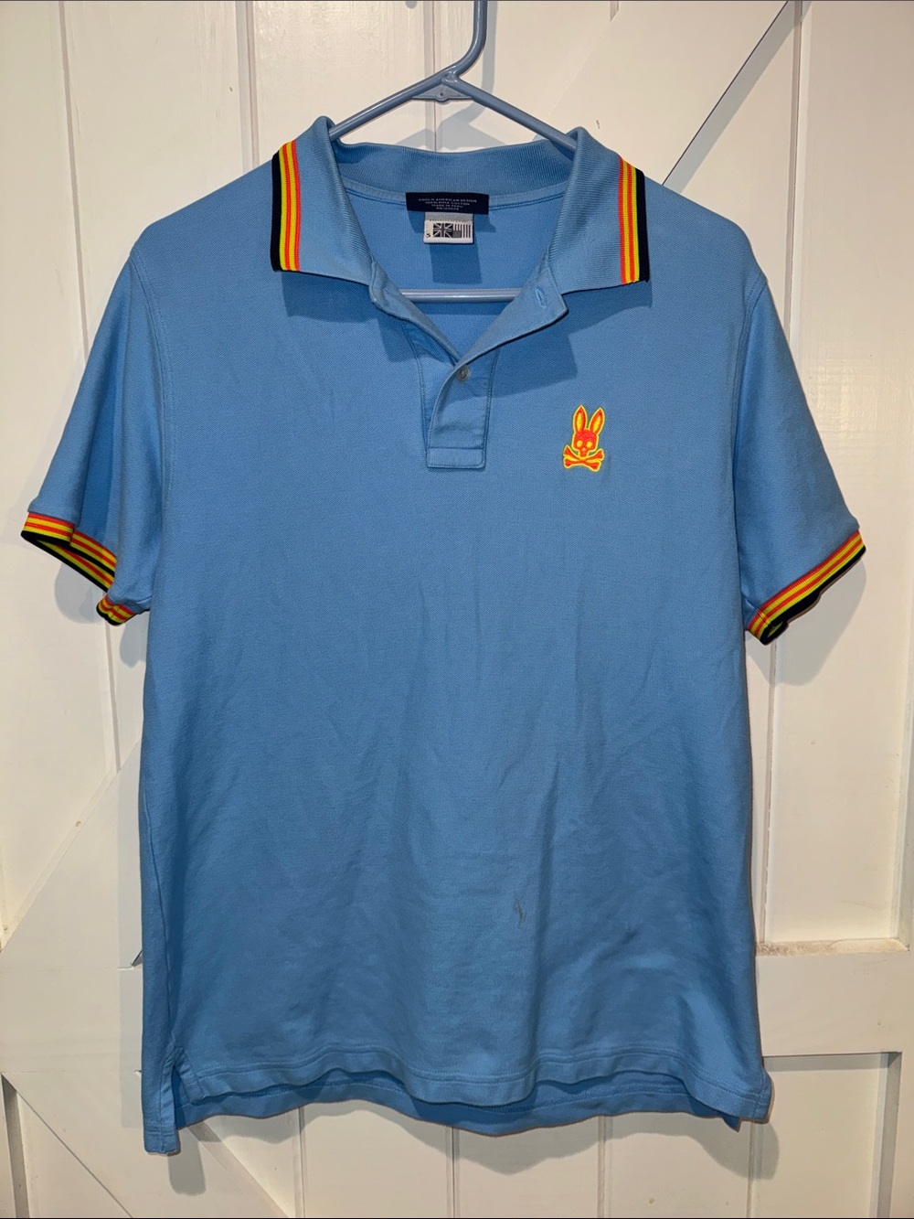 Psycho Bunny Men’s Blue Polo Shirt Neon Trim Embroidered Logo Size Small